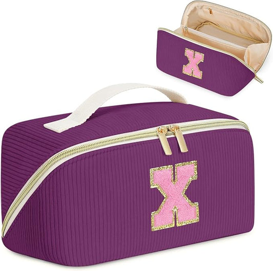 Gifts for Girls, Initial Travel Makeup Bag Women's Day Gift Make up Bag Cosmetic Bags Monther's Day Gifts, Personalized Stuff Bag Cute Makeup Bag Birthday Gifts for Women/Friend/Mother Deep Purple - X