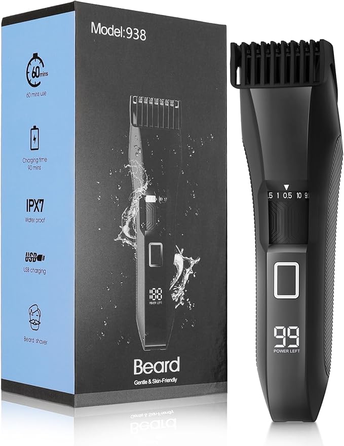 Manscape Men's Beard Trimmer, 20 Length Adjustable Blade Wheel,Stainless Steel T-Blade for Precision Facial Hair Trimming, Cordless Hair Clipper IPX7 Waterproof, LED Display(Black)