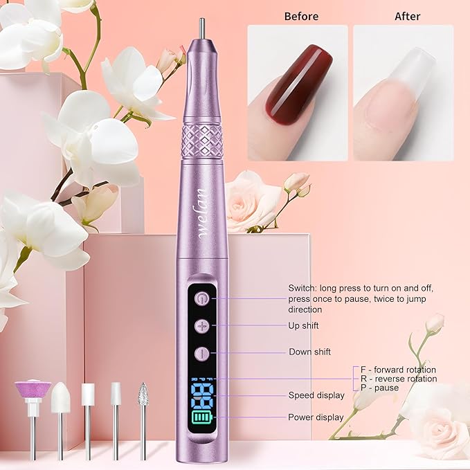 Electric Nail Drill Professional, Electric Nail File, 35000RPM Cordless Nail Drill, Portable Nail File Machine for Acrylic and Gel Nail with Manicure and Polishing Tool Set