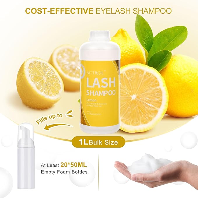 Eyelash Extension Cleanser Lemon 1L Natural Lash Extension Shampoo Professional Eyelid Foaming Cleanser Paraben & Sulfate Free Non-lrritating with Salon and Home Care