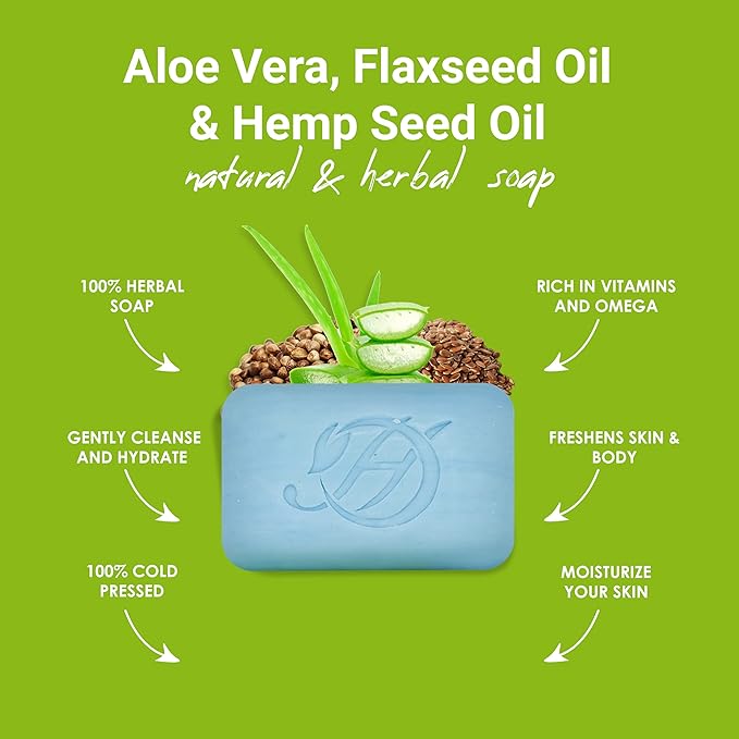 Aloe Vera, Flaxseed and Hemp seed oil Herbal Soap | Pack of 6 of 5oz soap Bar | Ideal for Men and Women, Soothing and Nourishing Soap for Moisturization