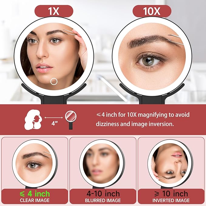 Alovely Travel Makeup Mirror with Lights, Portable Mirror 2-Sided 10X /1X Magnifying Mirror with Light, Travel Mirror with Lights and Magnification, 3 Color Lighting, Dimmable Touch Screen Handhold