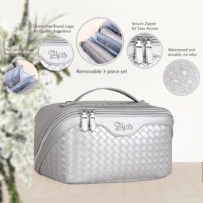 BOYATU Travel Makeup Bags for Women: Large Capacity Cosmetic Bag with Comapartments - Vegan Leather Make up Bag Set of 3 - Protable Makeup Organizer with Handle & Divider (L21 Silver)