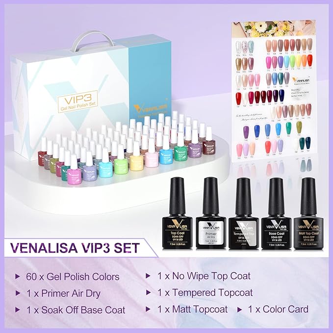 VENALISA VIP3 Set 65 PCS 7.5ML Spring Summer Gel Nail Polish Kit with Color Card,Base Matte Top Coat Gel Polish Set,UV LED Soak Off Manicure Starter,Suitable to DIY at Home Nail Art Salon