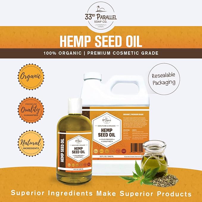 Organic Hemp Seed Oil (16 oz) Premium Cold Pressed Unrefined | 100% Pure Hemp Seed Oil for Skin, Face, Hair, Soap Making, Massage | Carrier for Essential Oils | Available in Bulk | 16 FL OZ