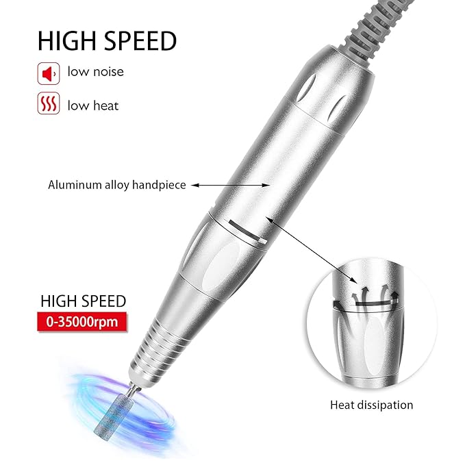 Electric Nail Drill Pen 35000rpm for Machine, Portable Aluminum Alloy Handle Replacement, Polisher Grinder Handpiece