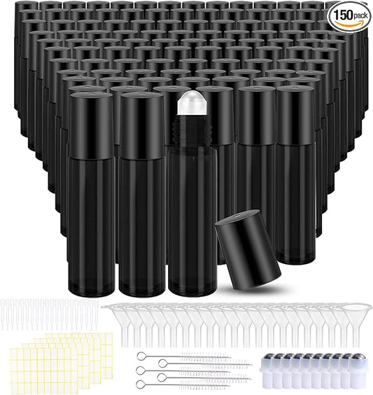 150 Pcs Essential Oil Roller Bottles 10 ml Leakproof Empty Glass Roll on Bottles with Stainless Steel Roller Balls with 20 Funnels 20 Droppers for Travel Perfume Essential Oil (Black)