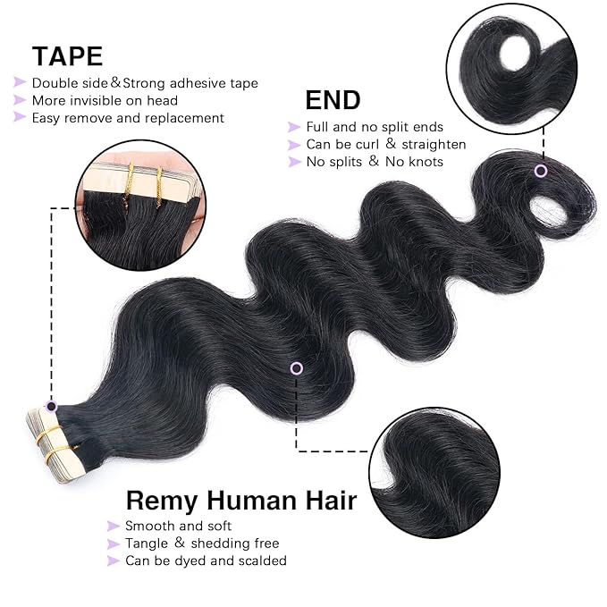 26Inch Body Wave tape in Hair Extensions Loose Curly Invisible Tape on Remy Hair Natrual Wave Virgin Human Hair Skin Weft Tape in Hair Extensions Double Sided Long Tape Ins 20pcs/Pack 50g