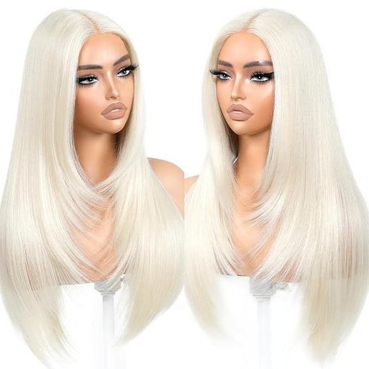 Blonde Wear and Go Glueless Wigs Pre Plucked Pre Cut for Beginners 613 Synthetic Lace Front Wigs With Bangs Long Straight layered Wigs HD Lace 26 Inch 3 Seconds to Wear for Beginners