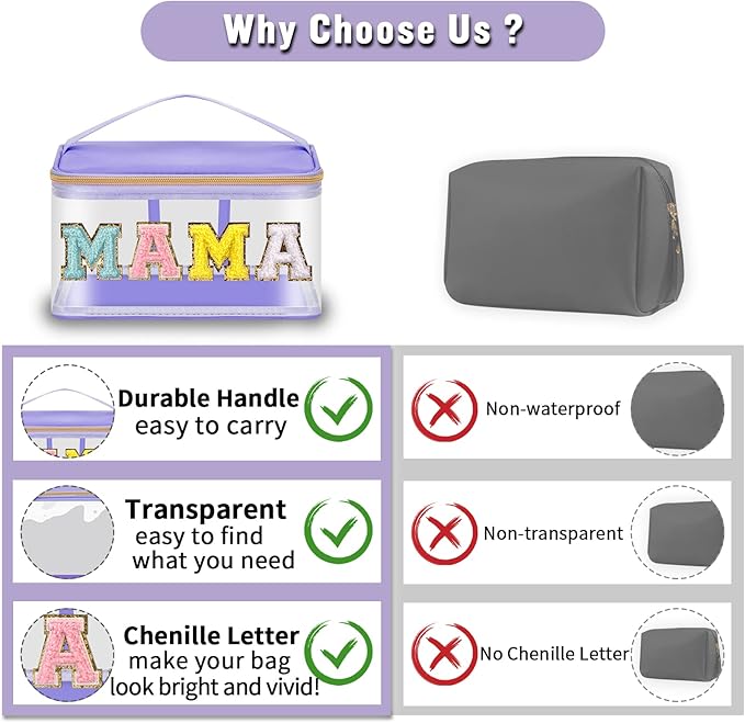 Chenille Letter Clear Makeup Bags Mama Pouch, Preppy Patch Makeup Bag Zipper with Handle, Transparent PVC & Nylon Waterproof Glitter Cosmetic Handbag Travel Toiletry Storage for Women(MAMA-Purple)