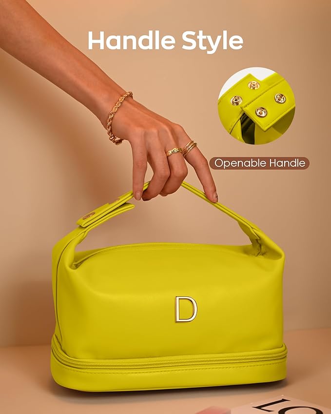 Cute Gifts for Women, Personalized Makeup Bag with Handle, Initial Double Layer Cosmetic Bag with Makeup Brush Organizer, Cute Cosmetic Pouch for Women, Gifts for Friends Female Mom