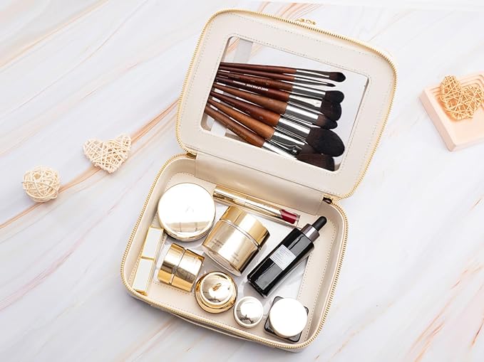 Aveniee Clear Makeup Bags, Double Layer Cosmetic Case with Separate Brush Compartment, Large Toiletry Organizer for Women, Travel Accessories Holder(2 Layers Large, White)