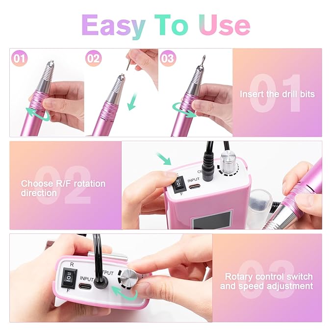 Beloving Portable Nail Drill Professional, 45000RPM Rechargeable Nail Drill Electric File Machine for Acrylic Gel Polish Remover, Cordless Nail Kit for Manicure Pedicure with 11 Bits for Salon Home