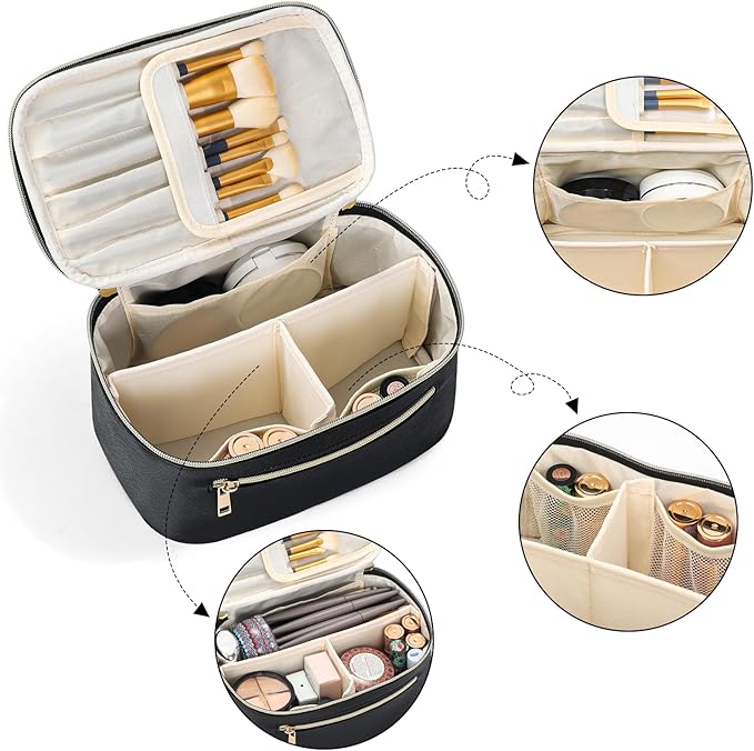 Travel Makeup Bag Organizer, Large Capacity Cosmetic Pouch for Women, Waterproof Make Up with Divider, Clamshell Makeup Case Make Up Bag with Handle and Metal Zipper, Travel Essentials Black