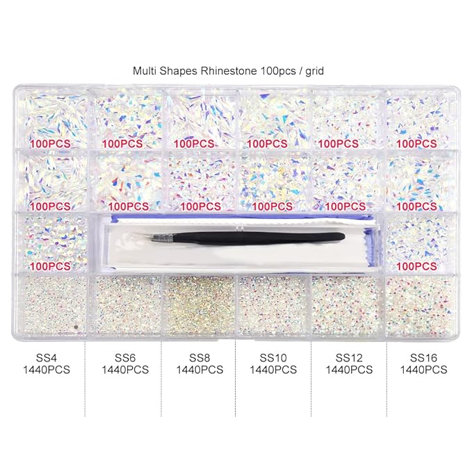 10000 Pcs Transparent AB Crystal Flatback Rhinestones Set for Nail, Art, Crafts, Makeup, Tumblers Glitter Round with Tweezers and Picking Pen