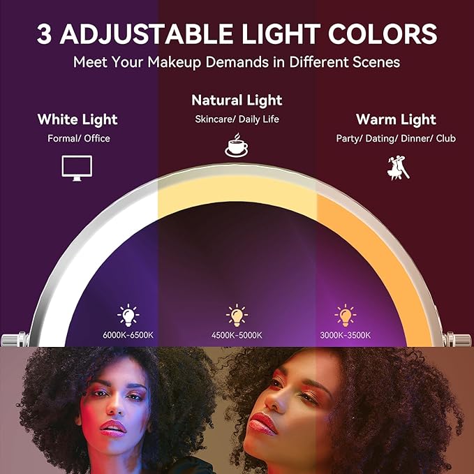 8" Lighted Makeup Mirror Rechargeable 1X/10X Magnifying Mirror with 3 Dimmable Colors Light, Double Sided Vanity Mirror with Stand, 360° Rotation Touch Screen Tabletop, Chrome