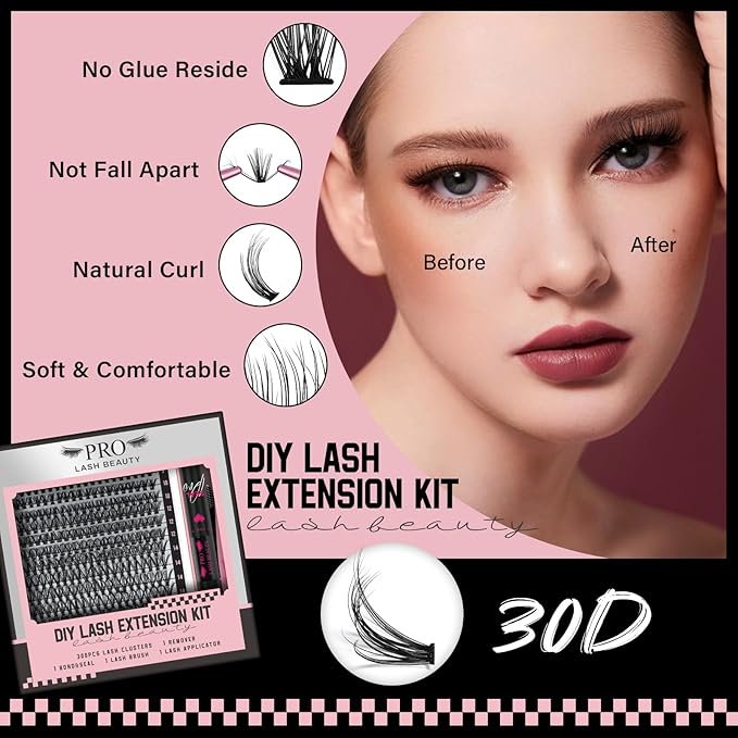 DIY Lash Extension Kit 300 Pcs Lash Clusters D Curl, Mix Eyelash Clusters Individual Lashes Kit Lash Bond And Seal Lash Remover Eyelash Brush Lash Tweezer Self Apply At Home(30D-9-18mix Kit)