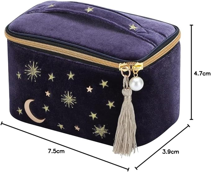Handy cosmetic makeup bag,square Navy Velvet Embroidered Applique Moon Stars Sun Cosmetic Bag,High capacity Starry Makeup Pouch with Tassels & Pearl Zipper,Beautician Storage Bag Clutch Handbags