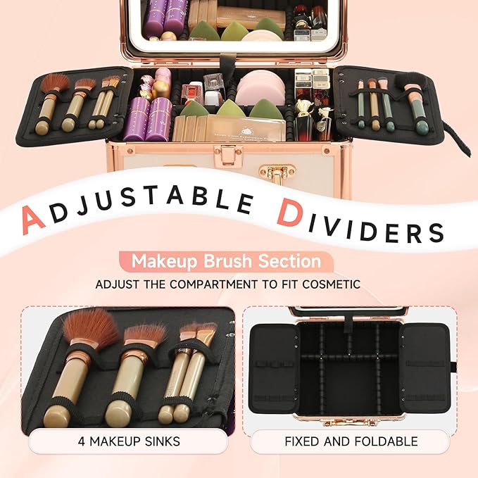 Leeora&Leekoo Makeup Box with LED Mirror & Aluminum Frame, Compact Multi-Layer Cosmetic Organizer - Portable ABS Travel Train Case for Makeup Storage(Gift for Girlfriend/Daughter) (Off white)