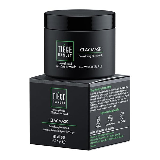 Tiege Hanley Mens Detoxifying Facial Clay Mask, 2 Oz (1-Pack) - Deep Pore Cleansing Charcoal Face Mask with Natural Kaolin Clay Absorbs Excess Oil & Reduces Appearance Pores - Skin Care for Men