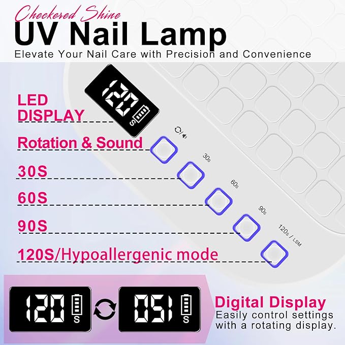 MEKK Cordless UV LED Nail Lamp,54W UV Light for Gel Nails with Hand-Friendly Red Light Beads,Auto Sensor & 4 Timer Settings Professional Flash Cure Lamp for Salon and Home,Checkered Design-White