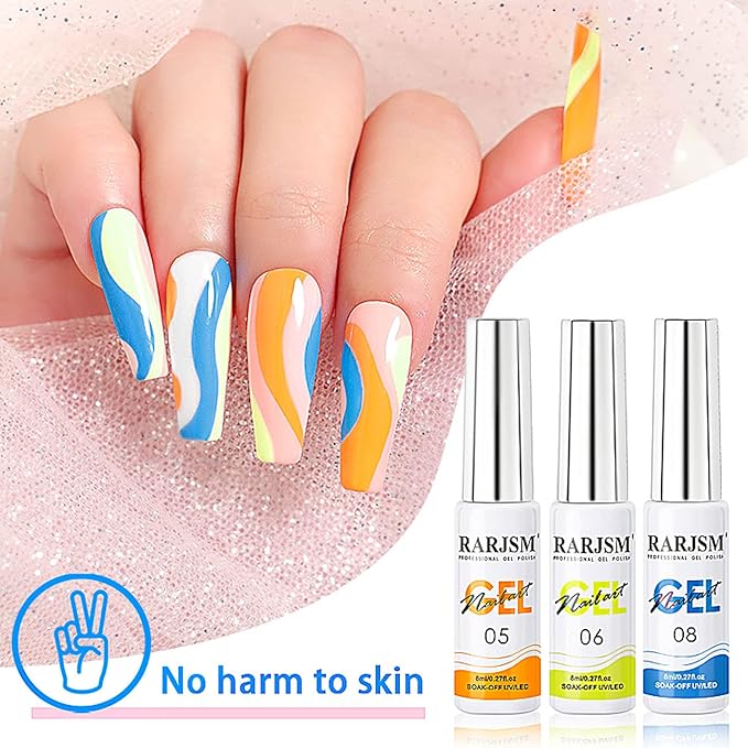 RARJSM Painted Nail Polish Set, 12 Colors Neon Pink Yellow Green Glitter Silver Gold Nail Art Painting Manicure Tools DIY Drawing Nail Gel for Line UV LED Required