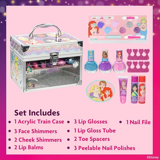 Disney Princess Train Case Beauty Set, Kids Makeup Kit for Girls, Real Washable Makeup Set, Play Makeup, Party Favor, Birthday, Ages 3 4 5 6 7 8 9 10 11 12 by Townley Girl