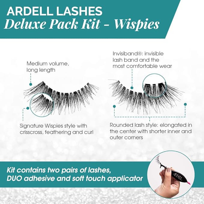 Ardell False Eyelashes Deluxe Pack Kit Wispies - Black, Includes Lash Adhesive and Applicator, Natural-Looking Volume Lashes, 4 Pack