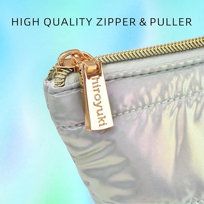 Hiroyuki 3pcs Iridescent Quilted Makeup Bag (plain, cyan)