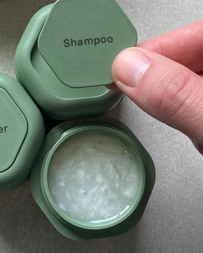 Cadence Travel Containers - Haircare Set - Magnetic Travel Capsules - For Shampoo, Conditioner, Hair Styling Product - 3 Flex Mediums (1.32oz) with Shampoo, Conditioner & Comb Icon Labels - Evergreen