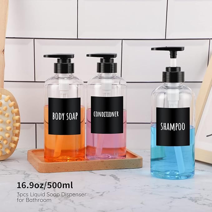 Shampoo Bottles with Labels, Segbeauty 3pcs 16.9oz/500ml Plastic Pump Bottle Dispenser, Empty Refillable Shower Lotion Body Soap Shampoo Conditioner Press Dispenser for Hotel Bathroom Kitchen Clear