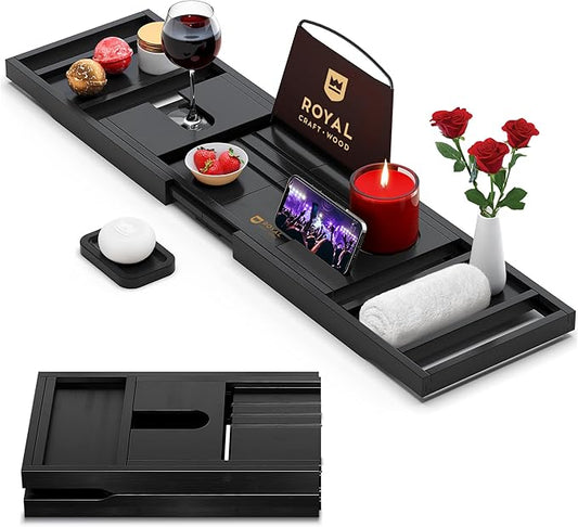 ROYAL CRAFT WOOD Premium Foldable Bathtub Tray - Wood Bath Tray for Tub, Bamboo Shelf, Expandable Bath Table Trays, Bathtub & Bathroom Accessories for New Home & Mothers Day & Birthday Gifts for Mom