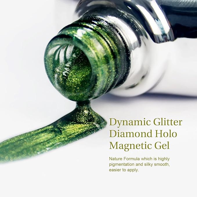 Cat Eye Gel Nail Polish with Magnet Stick, 15ml Glitter Holographic Nail Polish, Magnetic Effect Gel for Home DIY Manicure Gift, Jelly Green