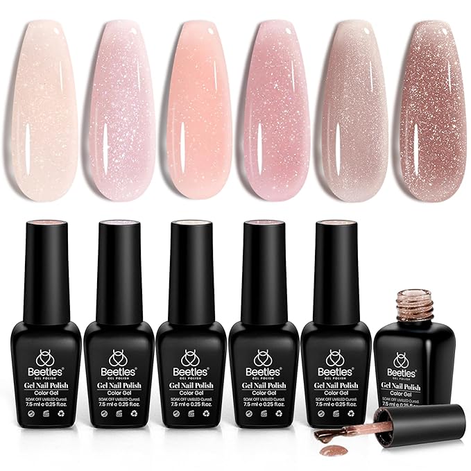 beetles Gel Polish 6 Pcs Jelly Shimmer Giltter Nails Lady with Dreams Collection Transparent Pink Beige Gel Nail Art Soak Off Nail Uv Lamp Needed Diy Nail Art Manicure