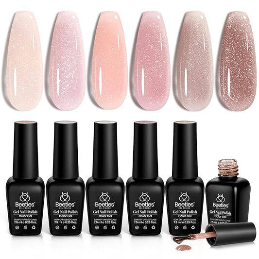 beetles Gel Polish 6 Pcs Jelly Shimmer Giltter Nails Lady with Dreams Collection Transparent Pink Beige Gel Nail Art Soak Off Nail Uv Lamp Needed Diy Nail Art Manicure