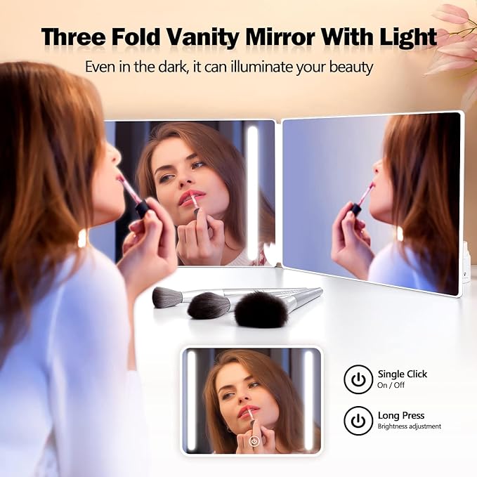 JANMPASK LED 3 Way Mirror for Self Cutting Mirror Vanity Barber Supplies Accessories 360 Makeup Mirror with Light Trifold to See Back of Head(White)