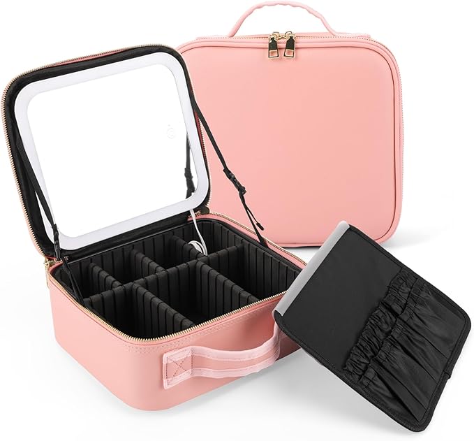 Makeup Bag With Mirror is with Waterproof Design, Best Gift is Makeup Case With Lighted Mirror.Make Up Bag With Mirror And Light 3 Color Scene (pink)