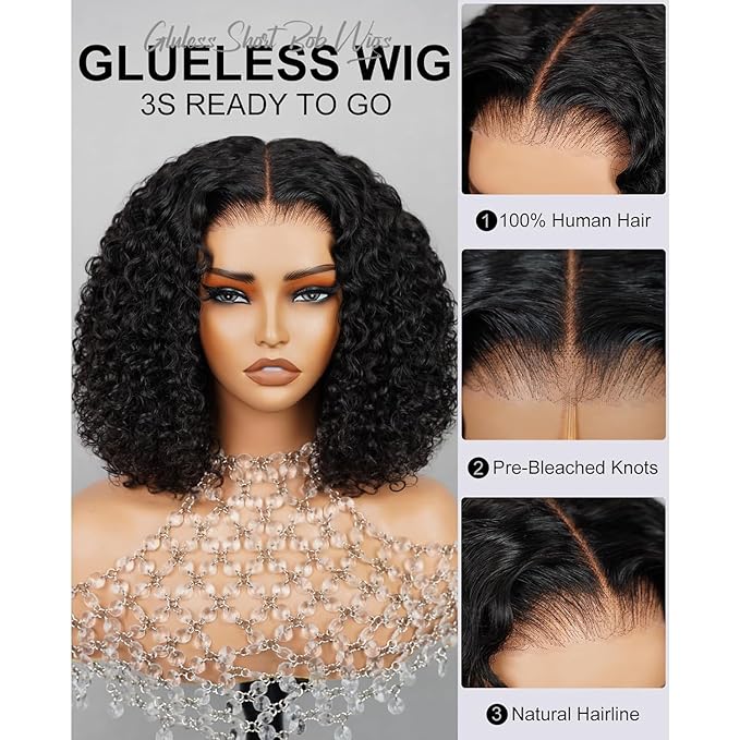 Arabella 6x6 Wear and Go Glueless Wigs Human Hair Deep Curly Bob Wig Lace Front Wig Human Hair 210% Density Pre-Cut Lace Wigs Pre Bleached Tiny Knots Bob Wig Human Hair(14inch, 6x6 Glueless Bob)
