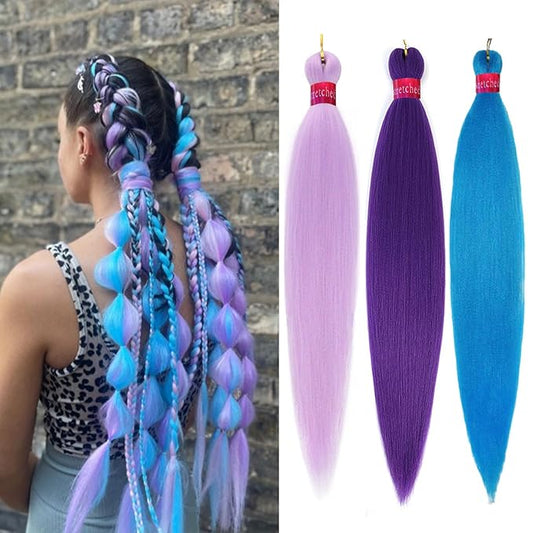 Colors Braiding Hair Pre stretched 28 Inches 3 Bundles Extensions Kanekalon Synthetic Hair Three Color Mix Diy Combinations, 1pur/3pur/lade blue