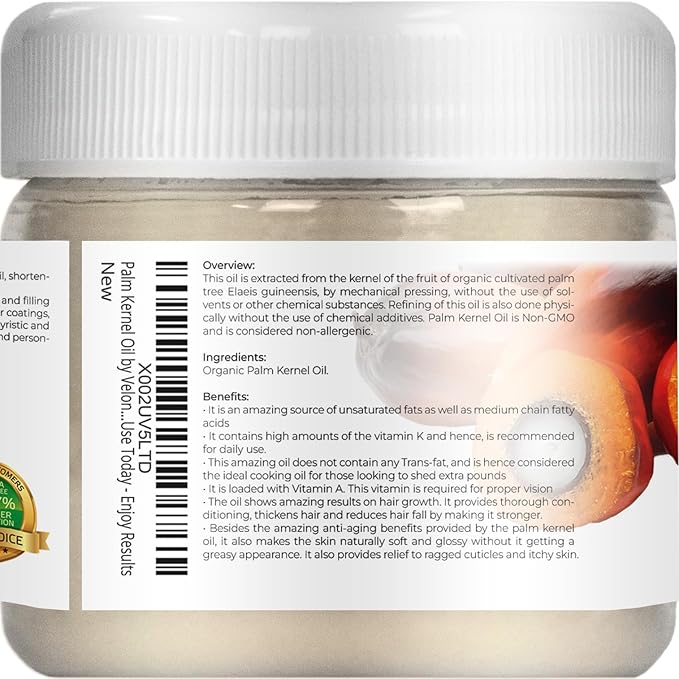 velona USDA Certified Organic Palm Kernel Oil - 2 Fl Oz | 100% Pure and Natural Carrier Oil | Refined, Cold Pressed