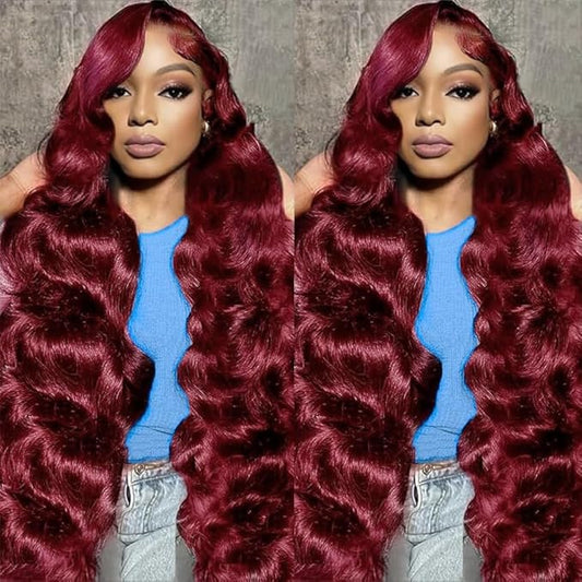 99J Burgundy Lace Front Wigs Human Hair Red Wig 32 Inch Burgundy Wig Human Hair 13x4 HD Body Wave Lace Front Wigs Human Hair 180 Density Pre Plucked Glueless Frontal Wigs Human Hair for Women