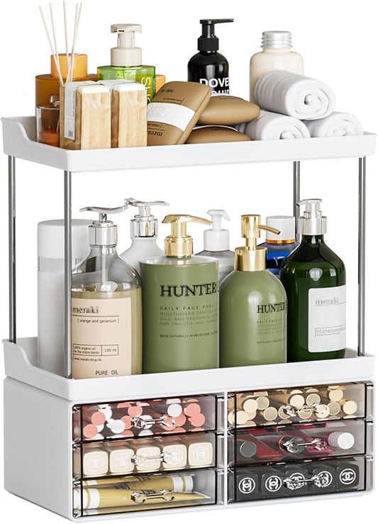 2 Pack Bathroom Organizers and Storage Countertop With 6 Drawers,Stackable Vanity Drawer Organizer,14.4" Tall Large Capacity Skin Care Organizer and Exquisite Cosmetic Storage Box,White