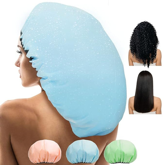 3 Pcs 15" Super Jumbo Shower Cap, Reusable Dual Waterproof Shower Cap for Women, Extra Large Satin Lined Shower Cap for Braids & Long Hair, XL Adjustable Hair Cap for Locs Dreadlocks Music