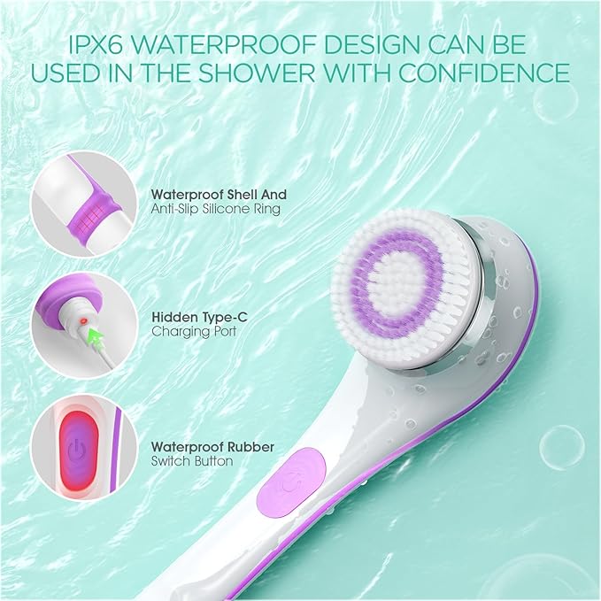 VOYOR Electric Body Brush Back Scrubber for Shower Rechargeable Exfoliating Bath Brush Powered Shower Brush with Non-Slip Long Handle Deep Cleansing, Exfoliation, Massaging Spin Brush BC100 (Purple)