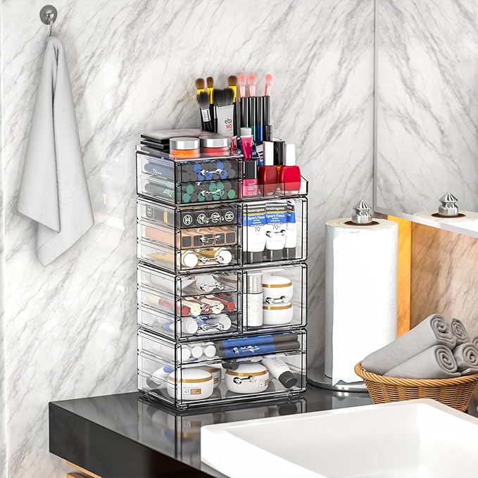 Cq acrylic 4 Pack Clear Makeup Organizer for Counter,12 Drawers Stackable Skincare Organizer,Large Cosmetic Storage Organizer for Jewelry,Hair Accessory,Beauty,Skin Care,Vanity Organizers and Storage