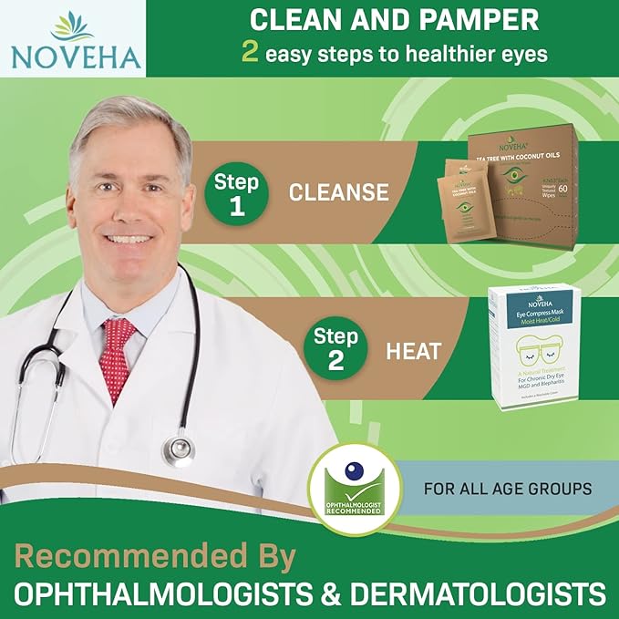 NOVEHA Tea Tree & Coconut Oil Eyelid & Lash Wipes | For Demodex, Blepharitis & Itchy Eyes, Box Of 60 Individually Wrapped Eyelash Wipes With Aloe Vera, Natural Makeup Remover & Daily Eye Cleanser