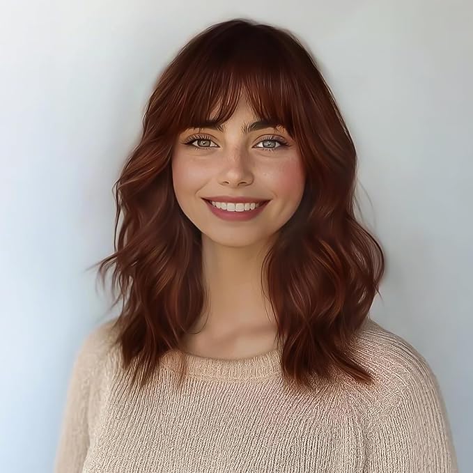 AISI HAIR Synthetic Wavy Curly Bob Wig with Bangs Ombre Reddish Brown Short Hair Wigs for Women Synthetic Heat Resistant Bob Wigs