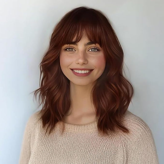 AISI HAIR Synthetic Wavy Curly Bob Wig with Bangs Ombre Reddish Brown Short Hair Wigs for Women Synthetic Heat Resistant Bob Wigs