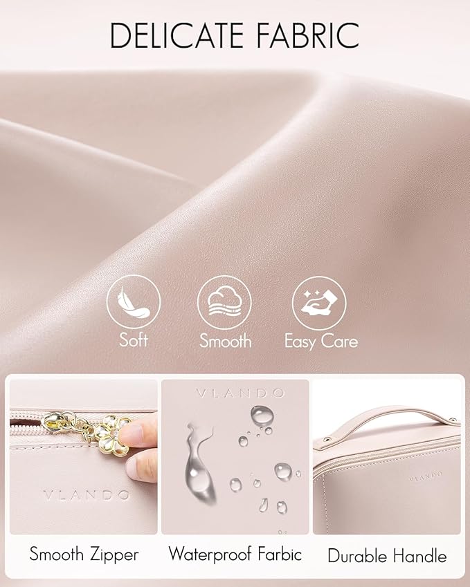 Vlando Makeup Travel Bag, PU Leather Portable Make up Organizer Bag Open Flat Toiletry Bag with Handle and Divider Gifts for Traveler Women Girls Apricot White