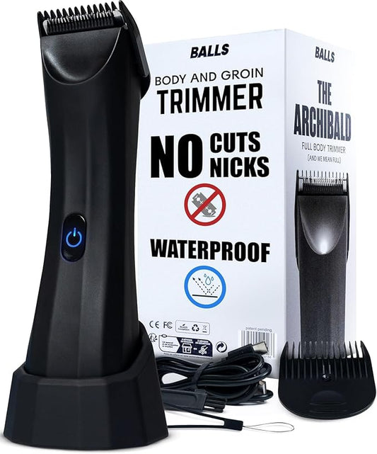 BALLS V3 The Archibald - Body & Pubic Hair Trimmer for Men - No Cuts, Sacksafe Guard, 100% Waterproof, Cordless - Wet/Dry with Replaceable Ceramic Blades Archibald Trimmer